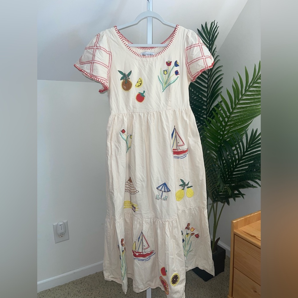 Hunter Bell Marley Cream‎ Fruit Sailboat Embroidered teacher Midi Dress 8 - Picture 5 of 7